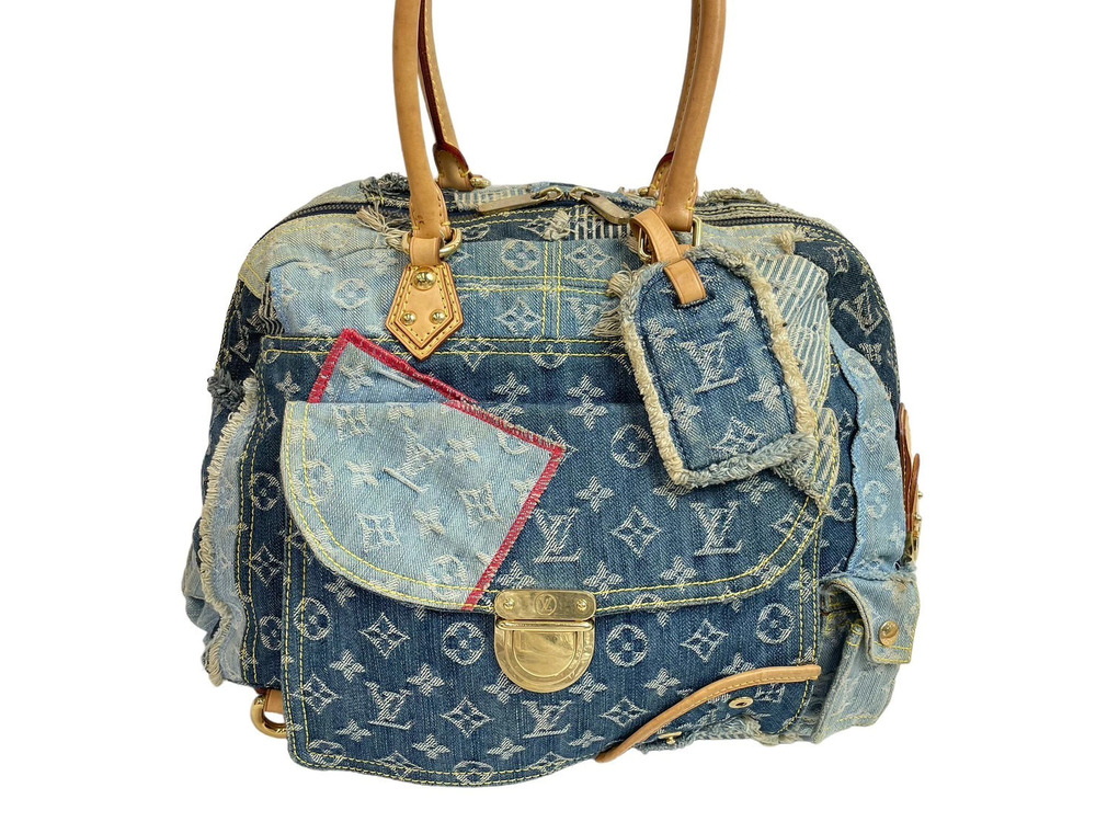 Louis Vuitton Denim Monogram Bag Leather Blue Bowley Patchwork Tote Blue